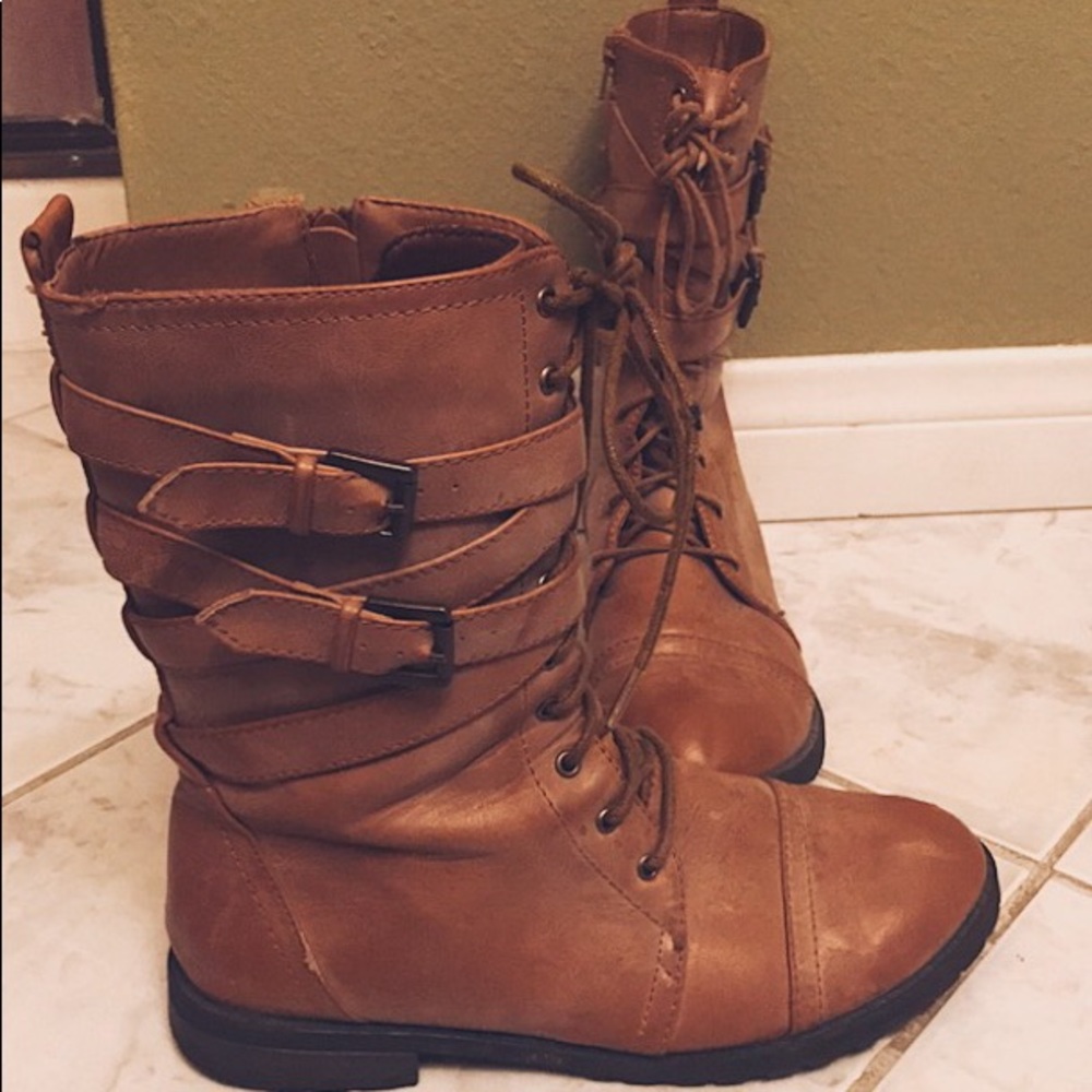 Brown Ankle Wrap Combat Boots